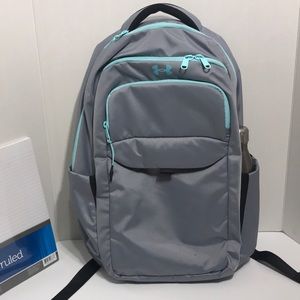 Under Armour grey backpack teal blue zippers